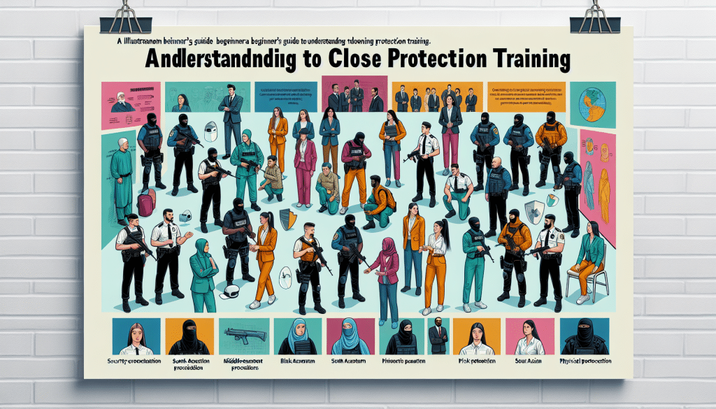 An illustrated beginner's guide to understanding Close Protection Training. Display a modern, colorful training scene, showcasing a diverse set of people from different descents such as Caucasian, Hispanic, Black, Middle-Eastern, South Asian, and White. Emphasize different training elements like security team coordination, risk assessment procedures, and physical protective measures. Ensure the illustration reflects the contemporary style, creativity, and color.