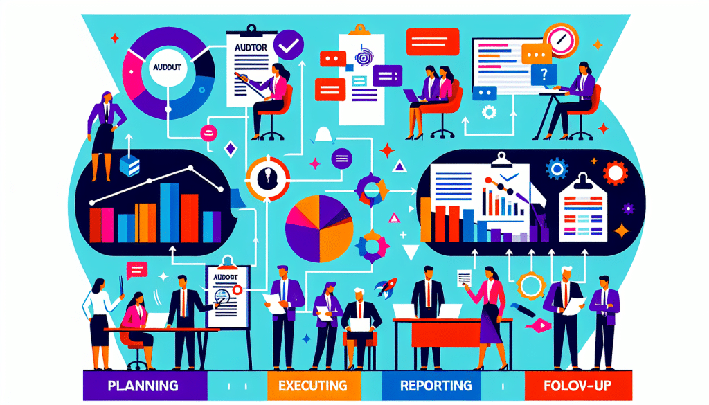 Create a vibrant and modern infographic depicting the role of internal audits in an organization. Picture should include elements like flowcharts, bar graphs, pie charts, human figures of different descents, and genders working together. Show an auditor handling documents, a report being prepared, and management reviewing the results. Use bold and vibrant colors to highlight different stages such as planning, executing, reporting, and follow-up of the audits. Avoid using any text and make it universally understandable.