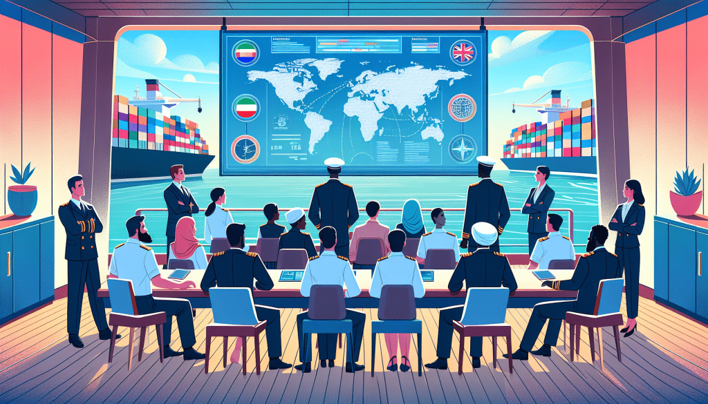 An illustration of a diverse group of people in maritime uniforms huddled around a large digital screen displaying global shipping routes and legal documents, set against the backdrop of a bustling mo