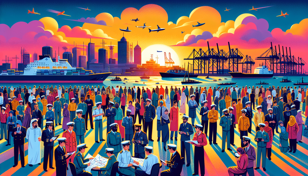 An illustrated panoramic view of a bustling seaport at sunset with diverse people of different genders and ethnicities dressed in various maritime uniforms, including ship captains, engineers, and dec