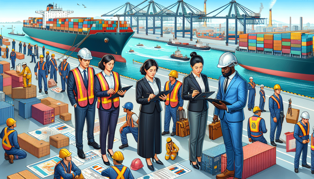 Digital illustration of a diverse group of maritime inspectors conducting a compliance check on a large cargo ship, with detailed depictions of safety equipment and labor conditions, set against a bus