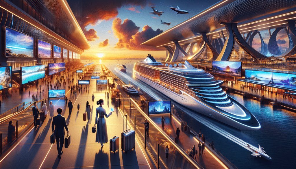An artistic representation of a bustling futuristic cruise ship terminal with various modern and luxurious cruise ships docked, passengers of diverse backgrounds embarking and disembarking, and digita