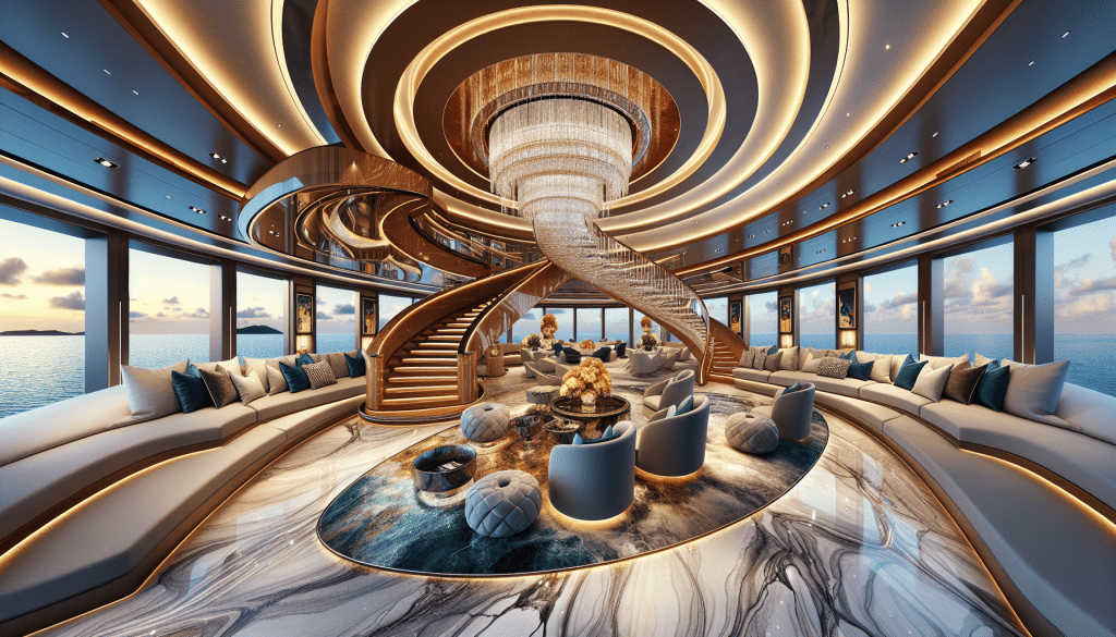An artist's depiction of an ultra-modern luxury yacht interior, featuring a sophisticated blend of sleek maritime architecture and opulent design elements, including a grand spiral staircase, plush se