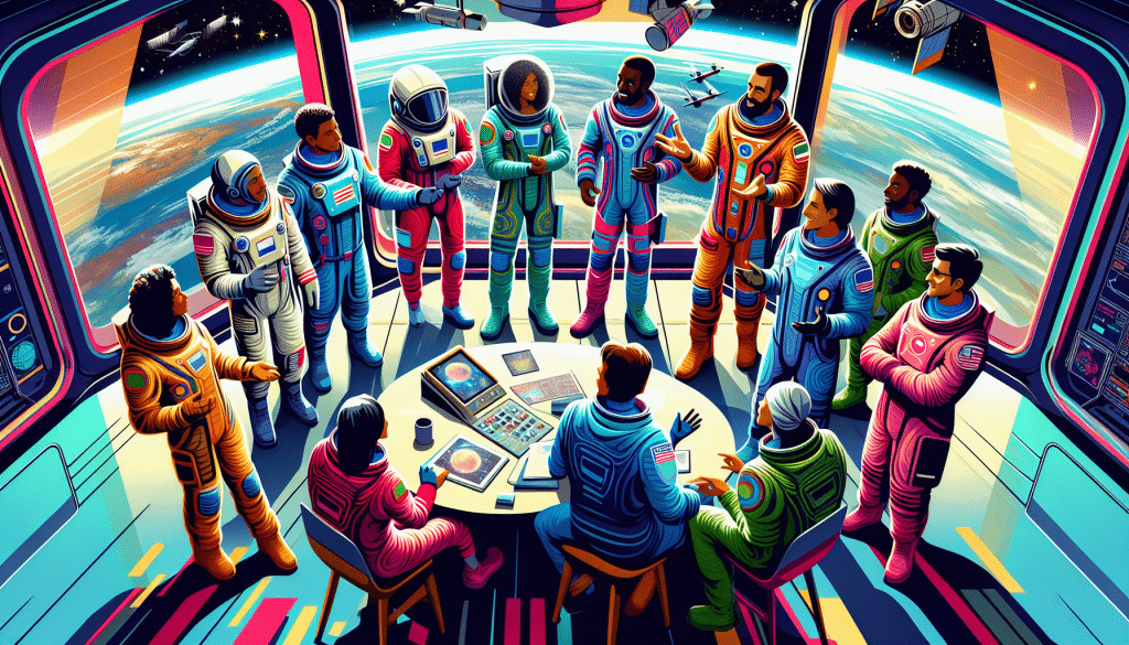 An artistic representation of a diverse group of astronauts from different cultural backgrounds, engaging in a lively and constructive discussion inside a futuristic space station, with Earth visible