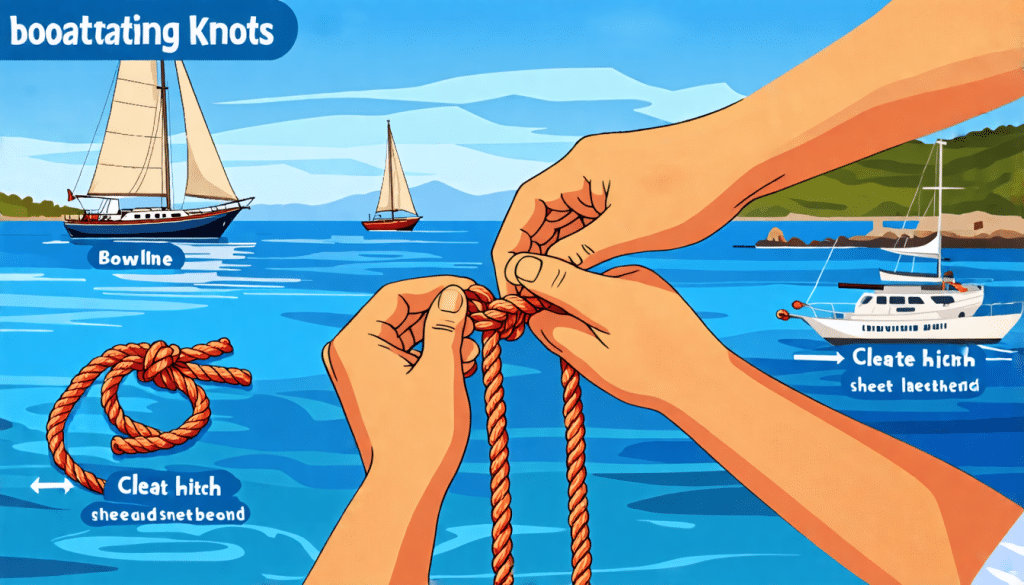 A vibrant marine-themed scene showcasing a detailed close-up of a sailorâ€™s hands tying essential boating knots, like the bowline, cleat hitch, and sheet be
