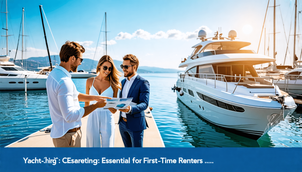 A picturesque marina scene with luxurious yachts docked along the pier. A couple is consulting with a professional yacht charter agent, who is holding a br