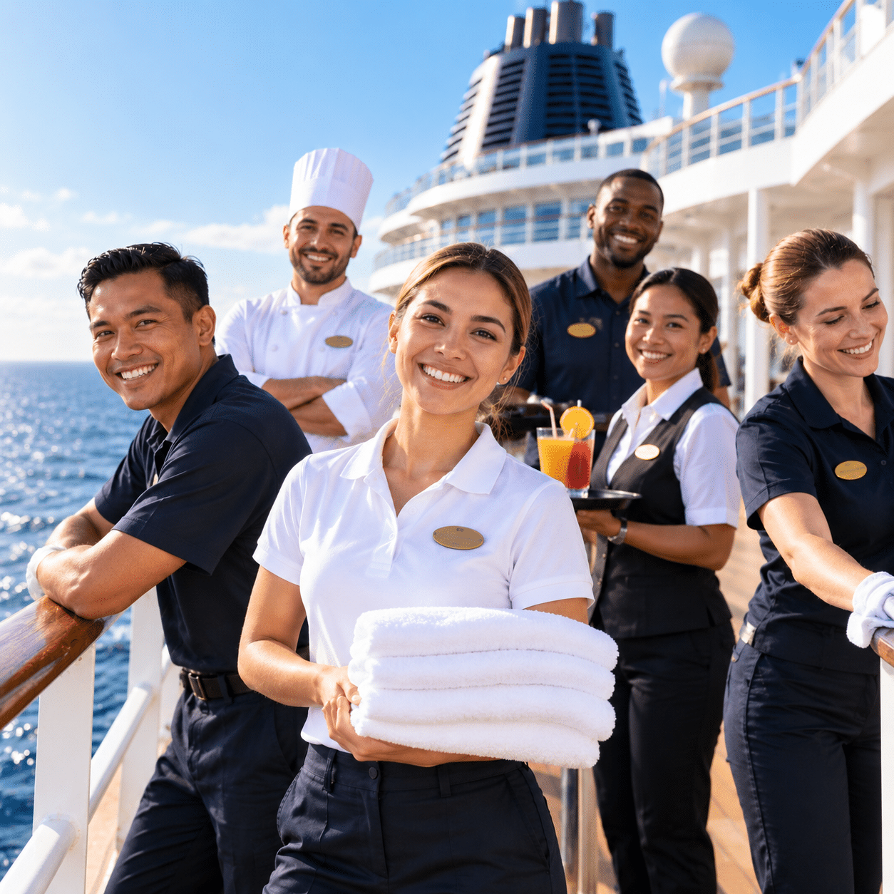 Cruise ship crew members on deck