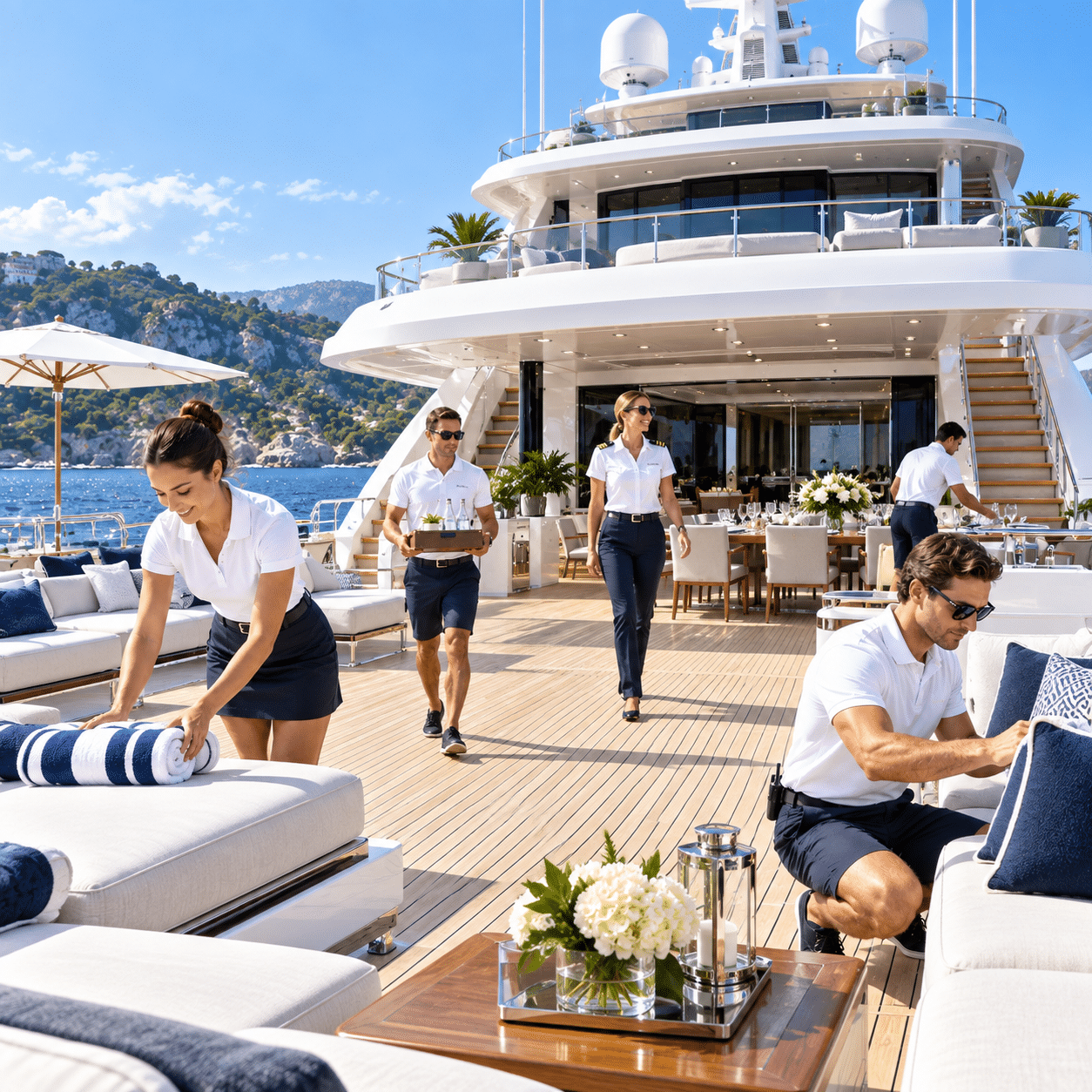 Yacht crew at work on deck